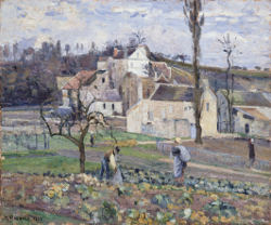 Pissarro's painting The Cabbage Harvest, two figures picking cabbages , farm buildings behind, a hill in the distance, cloudy sky.