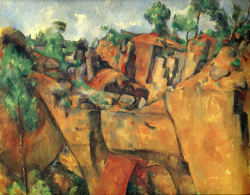 Flat stone forms of an ochre quarry, stone cutting in large steps, trees in background, brushstrokes showing, yellow-ochre and orange stone.