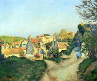 painting of a group of rural houses, an ochre path, a young woman in blue walking up the path away from the viewer, a white goat behind her on the path.