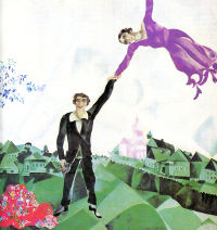 semi-cubist painting of Marc Chagall wearing a black suit and smiling broadly while hold one arm up supporting Bella in violet dress as she floats horizontally